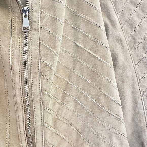 BEBE TAN SUEDE Textured LEATHER ZIP Bomber‎ JACKET COAT SIZE Medium - Picture 3 of 16